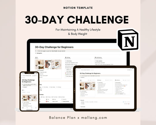 Notion-Vorlage 30-Tage-Challenge für Anfänger | DIGITALER DOWNLOAD
