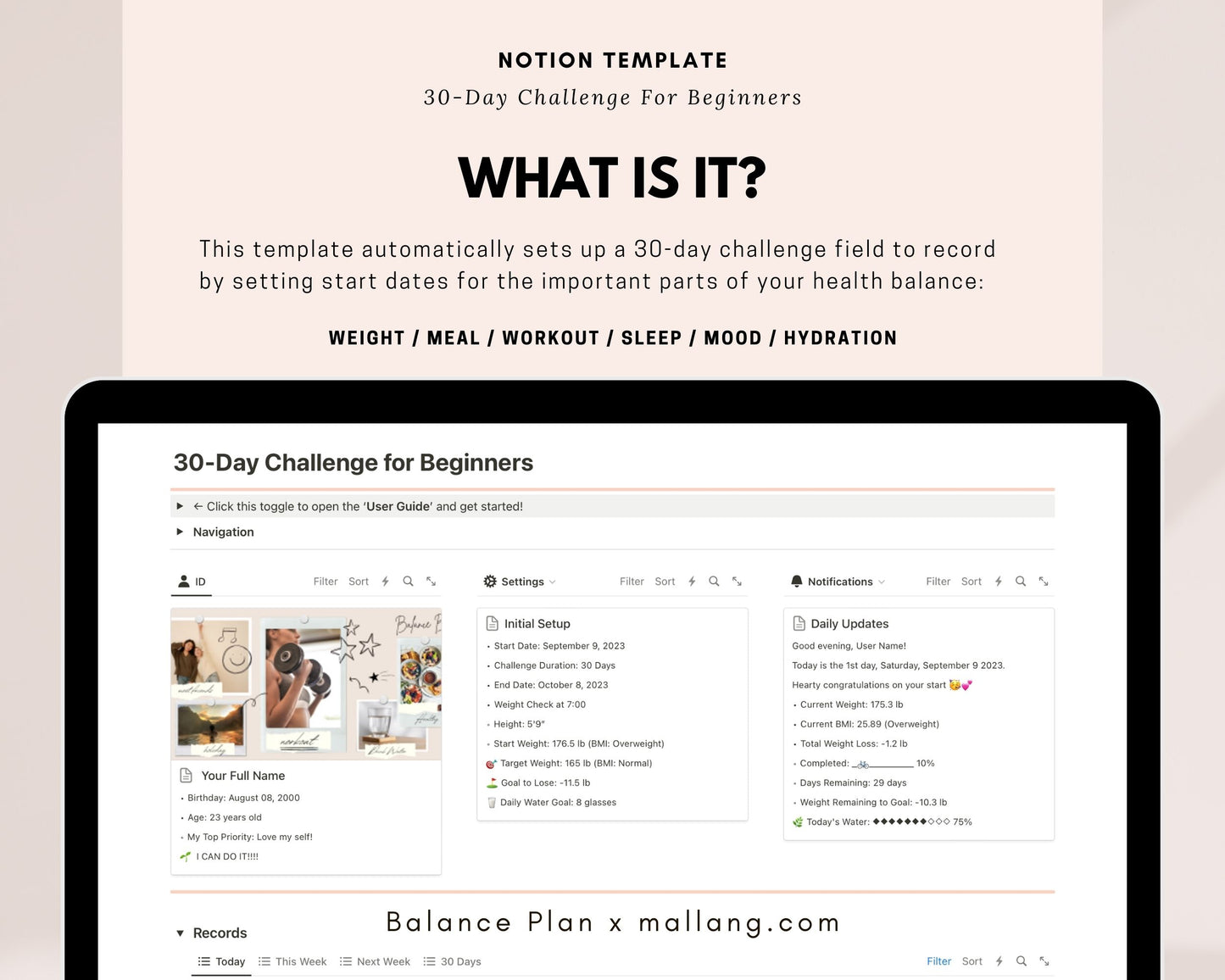 Notion-Vorlage 30-Tage-Challenge für Anfänger | DIGITALER DOWNLOAD