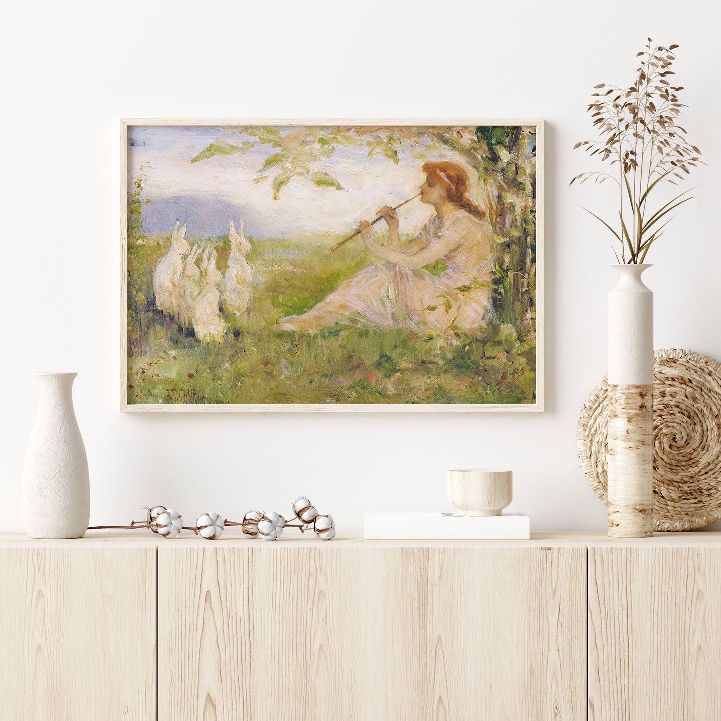 Druckbare Vintage Kunst Mädchen mit Kaninchen