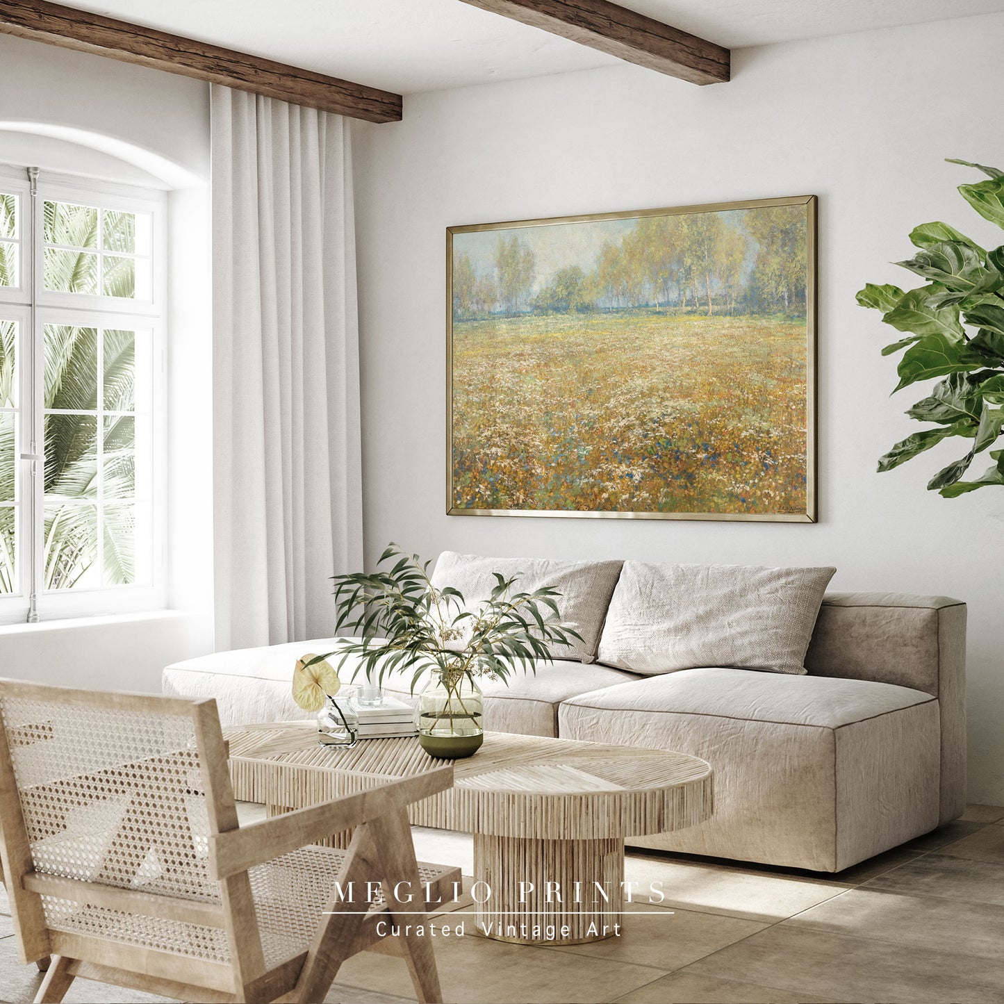 Druckbare Vintage Art Wiesenlandschaft