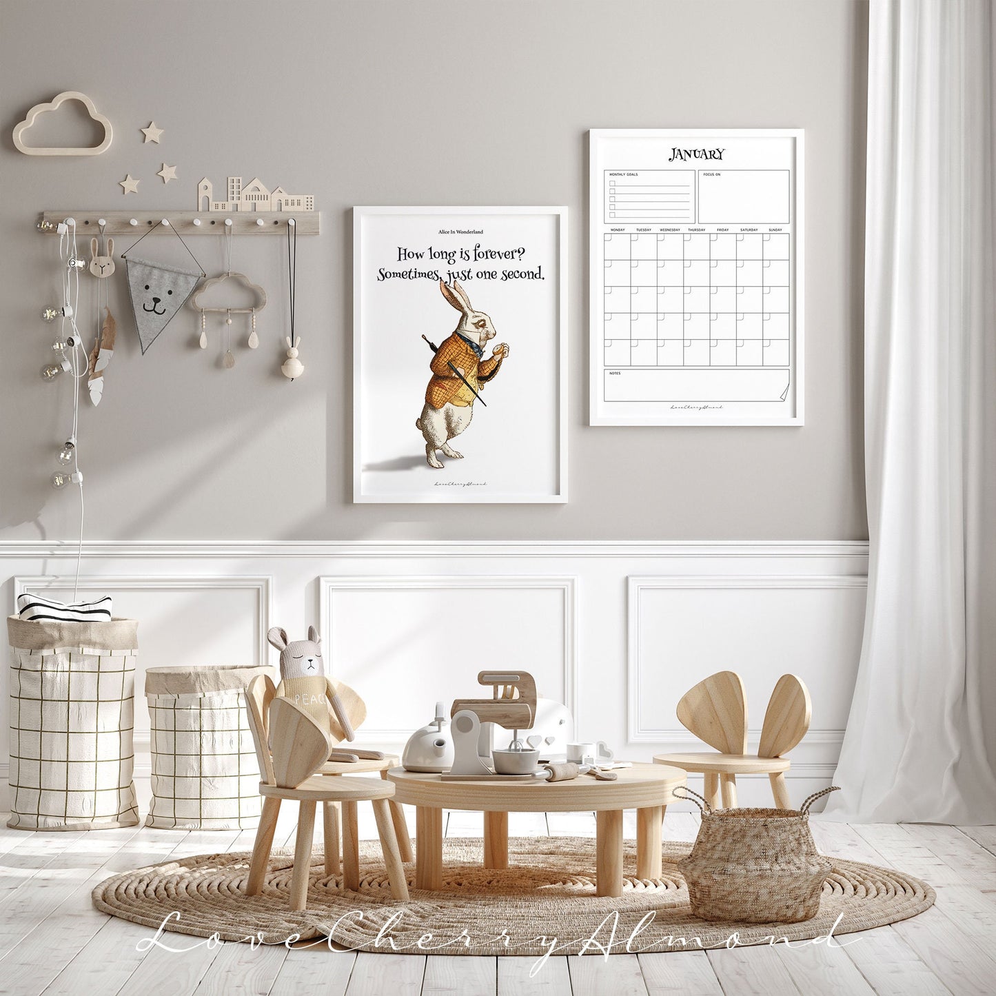 Druckbarer undatierter Monatsplaner | Weißes Kaninchen von Alice im Wunderland | Druckbare ewiger Kalender digitaler Download Wandkunst
